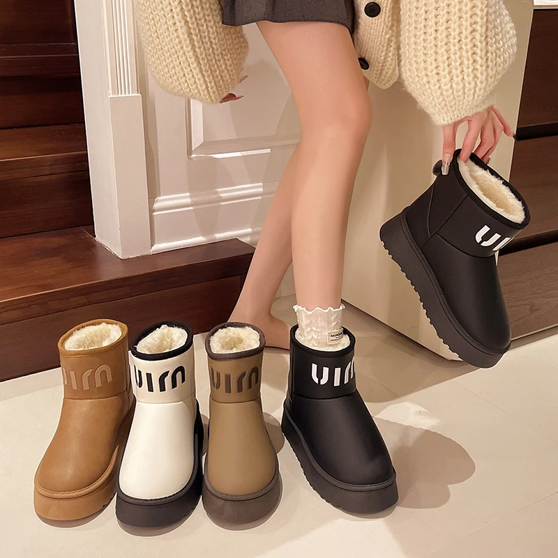 AJGS New Classic Thickened Fluff Women's Snow Boots Leather Warm Ankle Boots Women Winter Ladies Shoes Chunky Ankle Boots