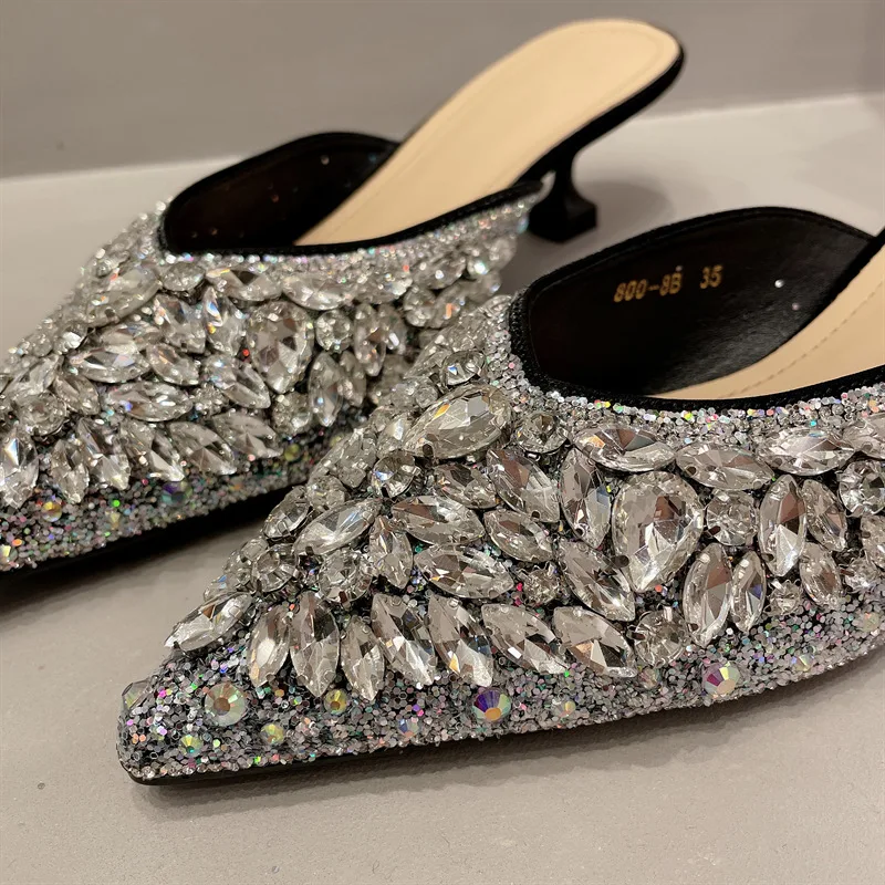 Luxury Rhinestone Sandals Women Slingback Slippers Female Fashions Low Heel Flip-flops Shiny Pointed Pumps Women Mule Slippers