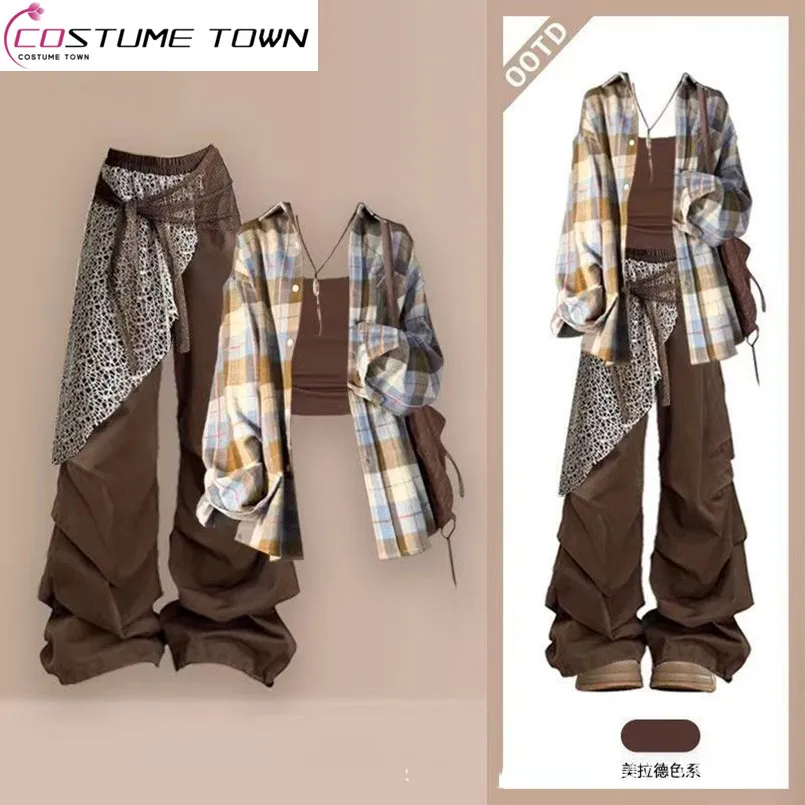 

Fashion Women's Set Spring and Autumn Melad Shirt Strap Cool and Sassy Wide Leg Work Pants 3-Piece Set