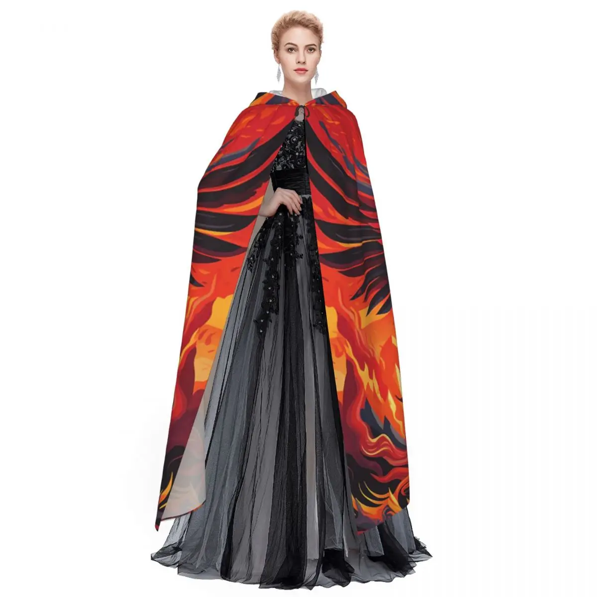 Phoenix Mythical Bird With Fiery Wings Long Hooded Cloak Witch Medieval Costume Cosplay Cape HalloweenVampire Adult Unisex