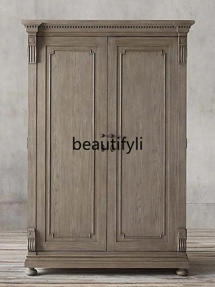

American Style Solid Wood Wardrobe Double Door Closet French Vintage Oak Bedroom Small Apartment Furniture