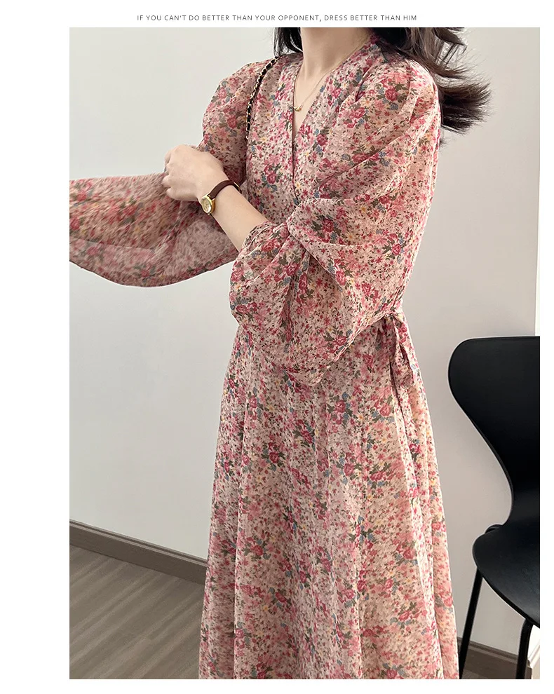 2024 New Women Floral Print Chiffon Long Dress V-Neck Puff Sleeve High Waist Women Summer Dress Vestidos Clothes For Women