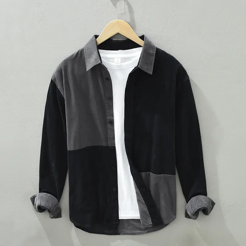 

Japan Vintage Corduroy Long Sleeve Shirts Man Daily Casual Pure Cotton Top Patchwork Designer Shirt Spring Autumn Men's Clothing