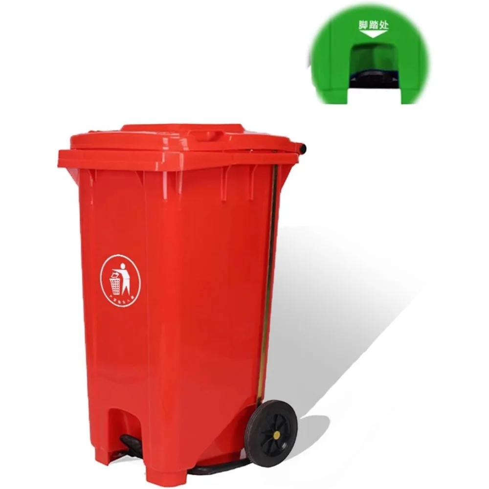 

Large 26 Gallon Outdoor Trash Bin with Pedal, Lid, and Wheels - Black Plastic Dustbin for Outdoor Use