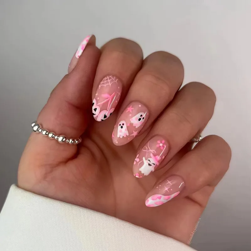 24pcs Pink Almond Press On Nails Cute White Ghost Spider Web Flower Printed Halloween Fake Nails Korean Sweet False Nail Tips