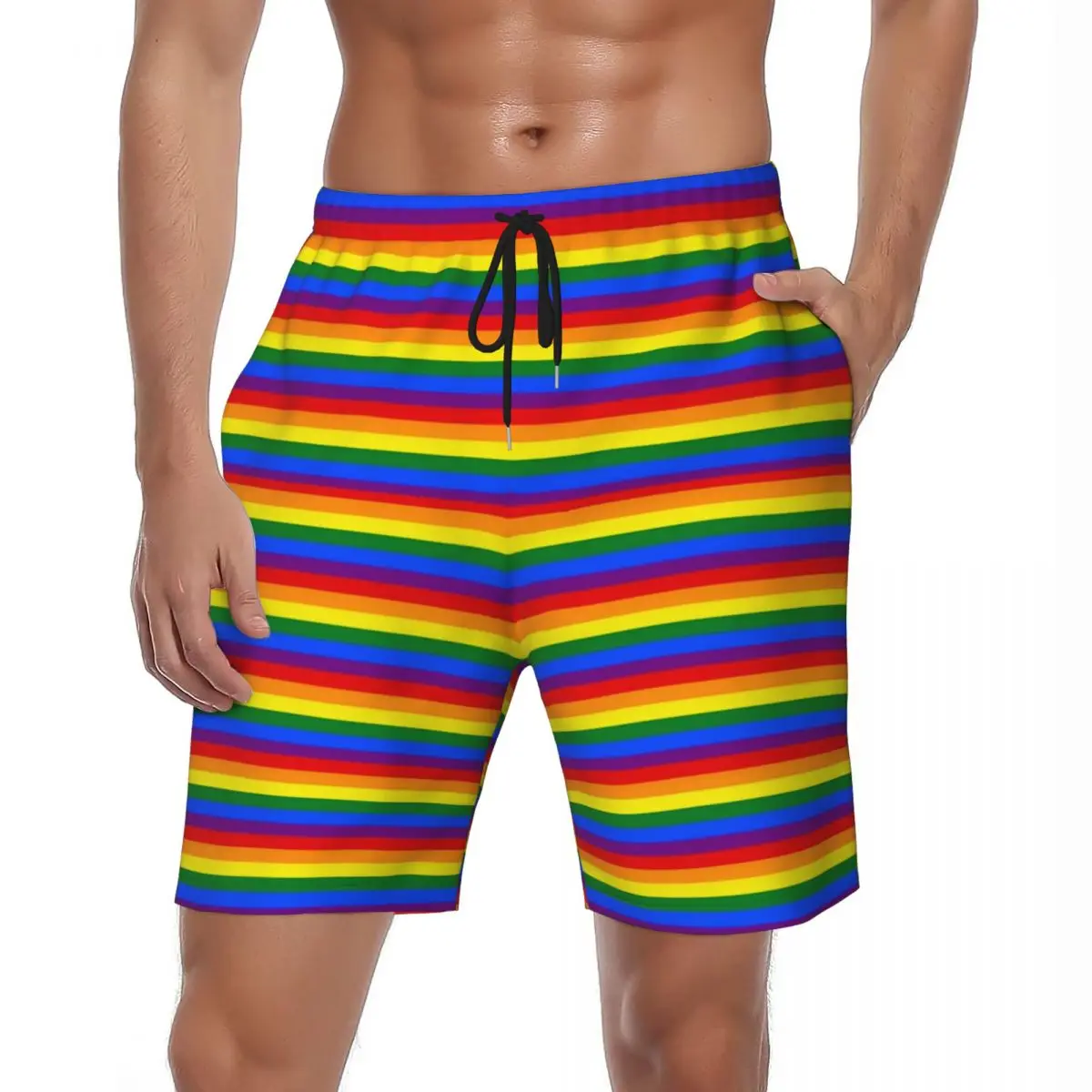 Swimsuits Rainbow Striped Gym Shorts Summer Colorful Print Casual Beach Shorts Man Custom DIY Sportswear Quick Dry Swim Trunks