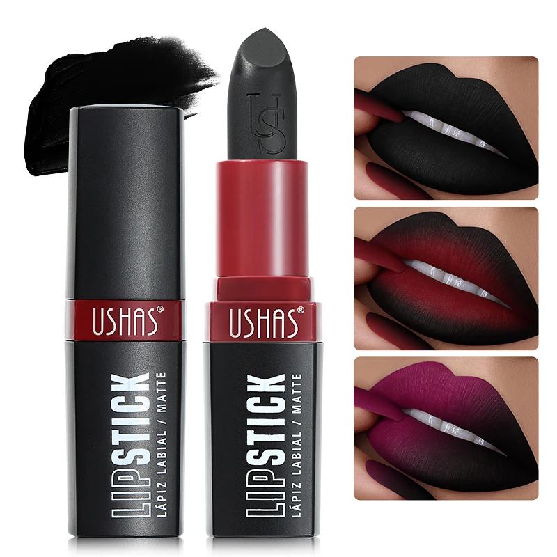 USHAS Black Matte Lipstick Holloween Party Long Lasting Lipsticks Waterproof Anti-smudge Gothic Velvet Lip Makeup Cosmetics