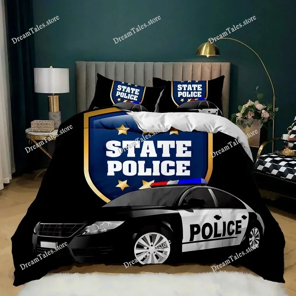 Police Duvet Cover Car Black Policeman Car Twin Bedding Set Cartoon Vehicle Comforter Cover Red Cop Lights Polyester Quilt Cover 5