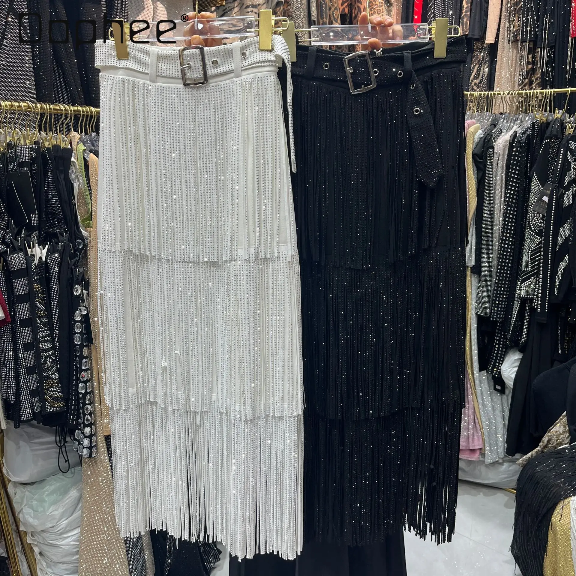 

High-end Heavy Beading Rhinestone Tassel Elegant A-line Skirt for Women Summer New Hot Girl High Waist Slimming Mid-length Skirt