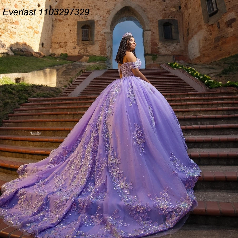 EVLAST Customized Glitter Lavender Quinceanera Dress Ball Gown Lace Applique Beaded Corset Sweet 16 Vestido De 15 Anos QD1184