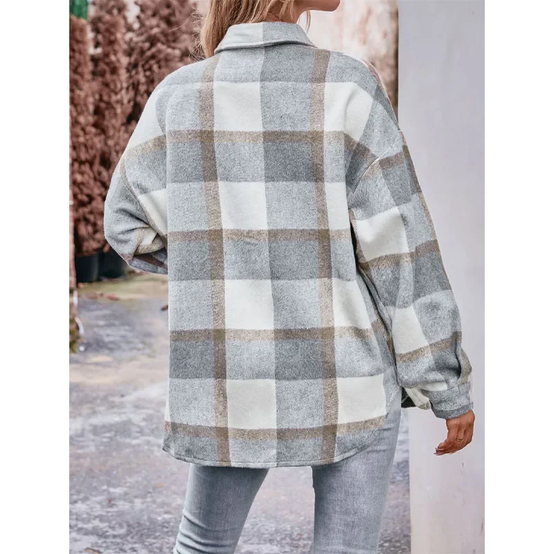 2023 New Autumn Casual Simple Polo Collar Panel Button Comfortable Plaid Long Sleeve Temperament Commuter Loose Women\'s Shirt