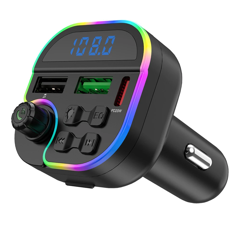 Car  FM Transmitter Adapter Blue Tooth MP3 Player Hand-free Calling USB Card Playback Auto 2USB+PD Fast Charger Atmosphere Light