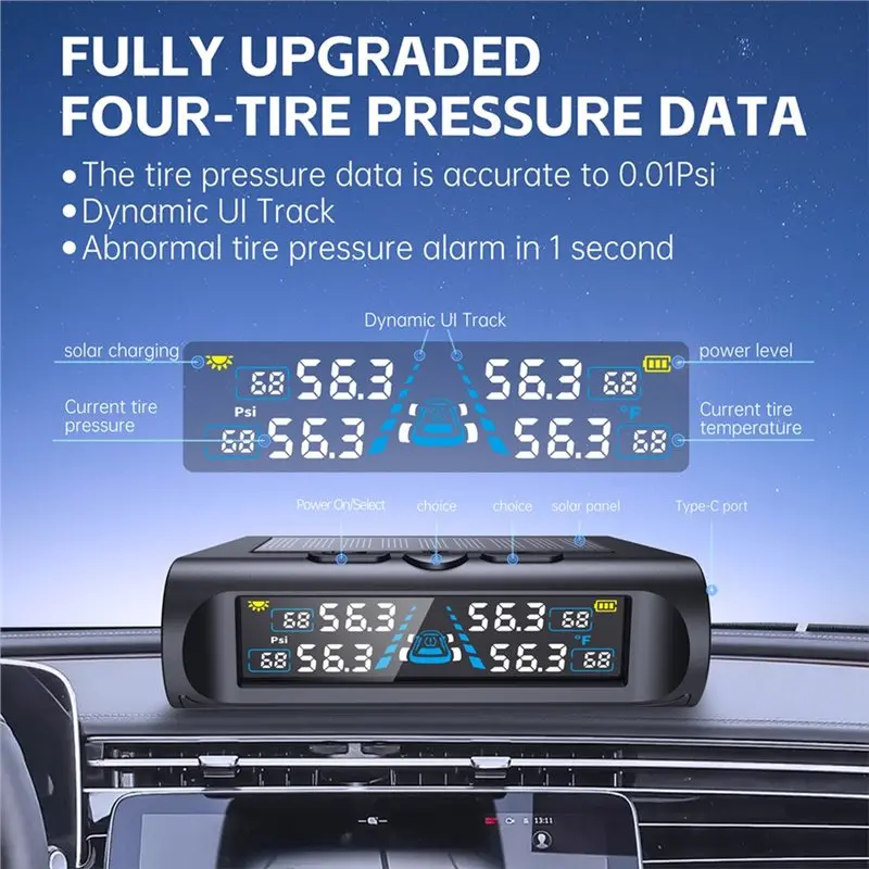 Classic-USB Solar TPMS Temperature Monitor With 4 External Sensors Digital LCD Display 0-6.8Bar Gauge Car Tyre Monitor
