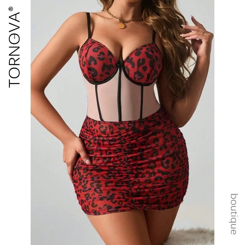 

Tornova Women Sexy Leopard Print Night Skirt See-through Skinny BacklessGirl Lingerie Seductive Private Interesting Adult Suit