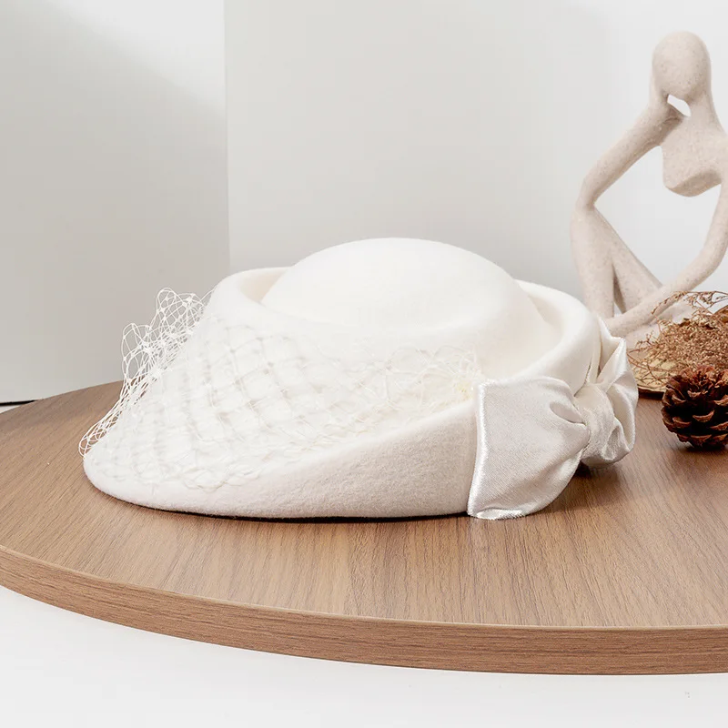 2025 Ivory Pink Pure Wool Felt Fedoras Women Autumn Winter Warm Bow Face Veil Beret Cap Headwear Wedding Party Ladies Sombreros