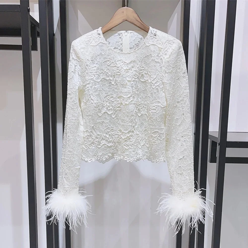 

2025 Early Spring New Women's T-shirt Y2k Lace Cuff Feather Splicing Back Zipper Round Neck Long Sleeve Sexy Peplum Tees Top