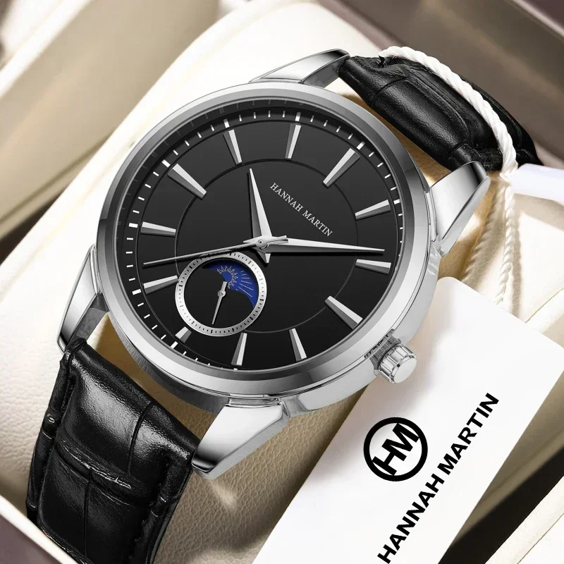 Hannah Martin Quartz Wristwatch 1631 Business Watches for Men Fashion Moon Phase Leather Strap Waterproof Relogios Masculino