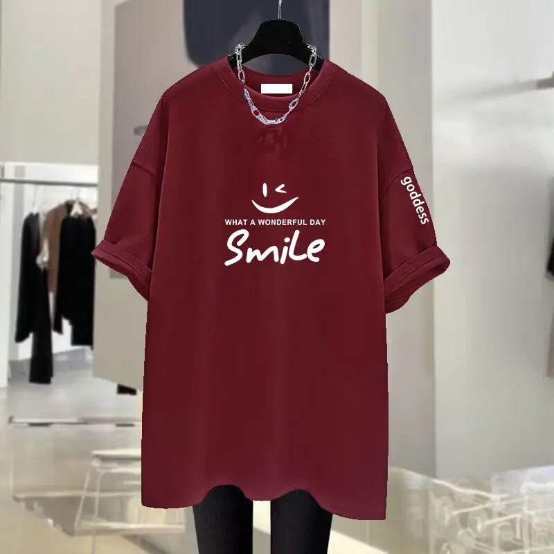 

Summer Chic Hand-painted Letter Printing Top Tees Women Pure Cotton O-neck Short Sleeve Basic T-shirt Loose Pullover 45-105Kg