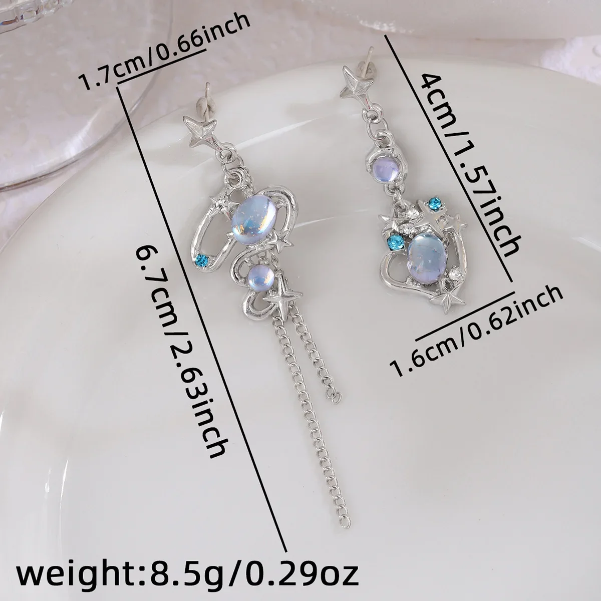 Fashion Blue Diamond Star Stud Earrings Silver Cable Chain Tassel Stud Earring for Women Seaside Vacation Beach Party Jewelry