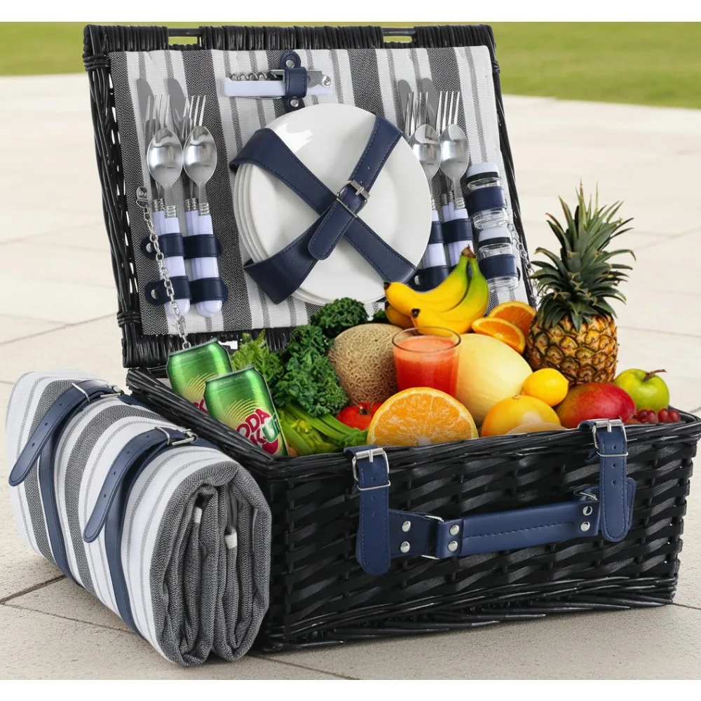 

Vintage Wicker Picnic Basket Set for 4 with Waterproof Blanket & Cooler - Perfect Camping, Beach, Wedding Gift