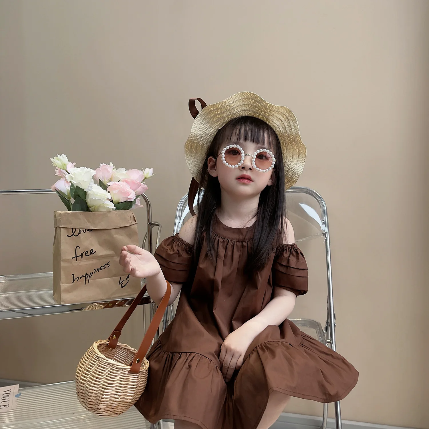 Short Sleeve Brown Dress For 2 - 8 Yrs Baby Girls Loose Off Shoulder Dress 2025 New Summer Cute Casual Beach Dress