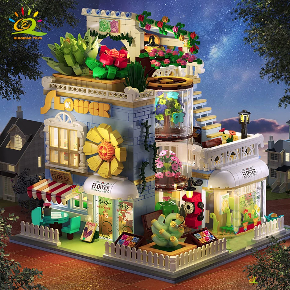 

HUIQIBAO 2091PCS City Street View Mini Succulent Plant Shop Building Blocks Flower House Architecture Model Bricks Children Toys