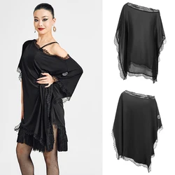 Slanted Shoulder Dancing Smock Women Black Mesh Latin Dance Dress Adults Samba Tops Ballroom Dance Competition Wear SL10841