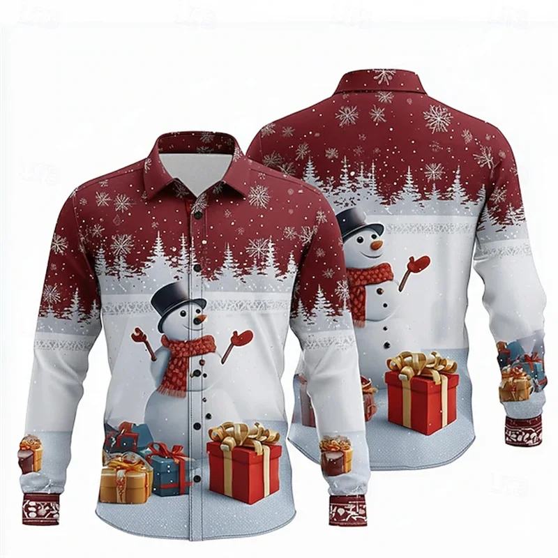 Christmas Men's Snowman Snowflake Shirt Button Long Sleeve Fun Outdoor Festival Autumn Winter Lapel 3D Printed Shirt Red