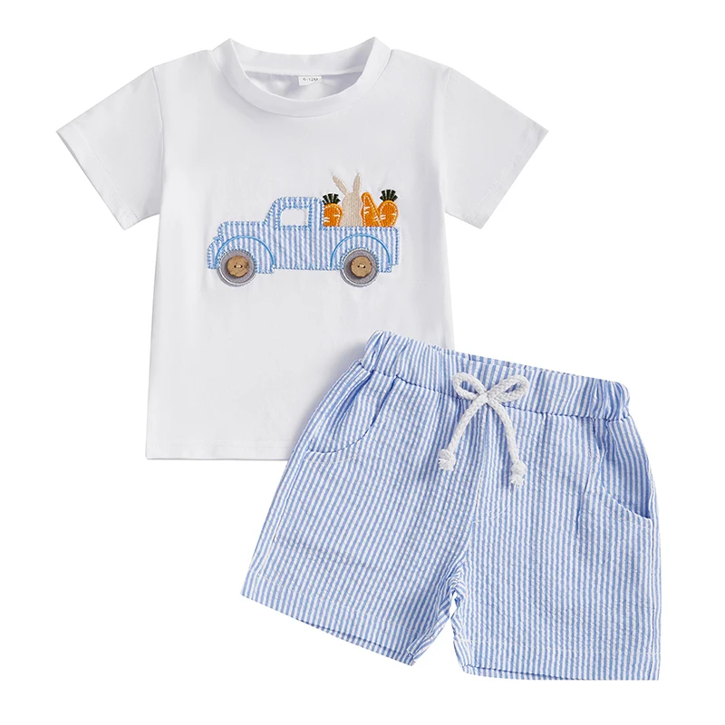 2Pcs Baby Boy Easter Outfits Short Sleeve Truck Embroidery T-Shirt Shorts Set Toddler Clothes