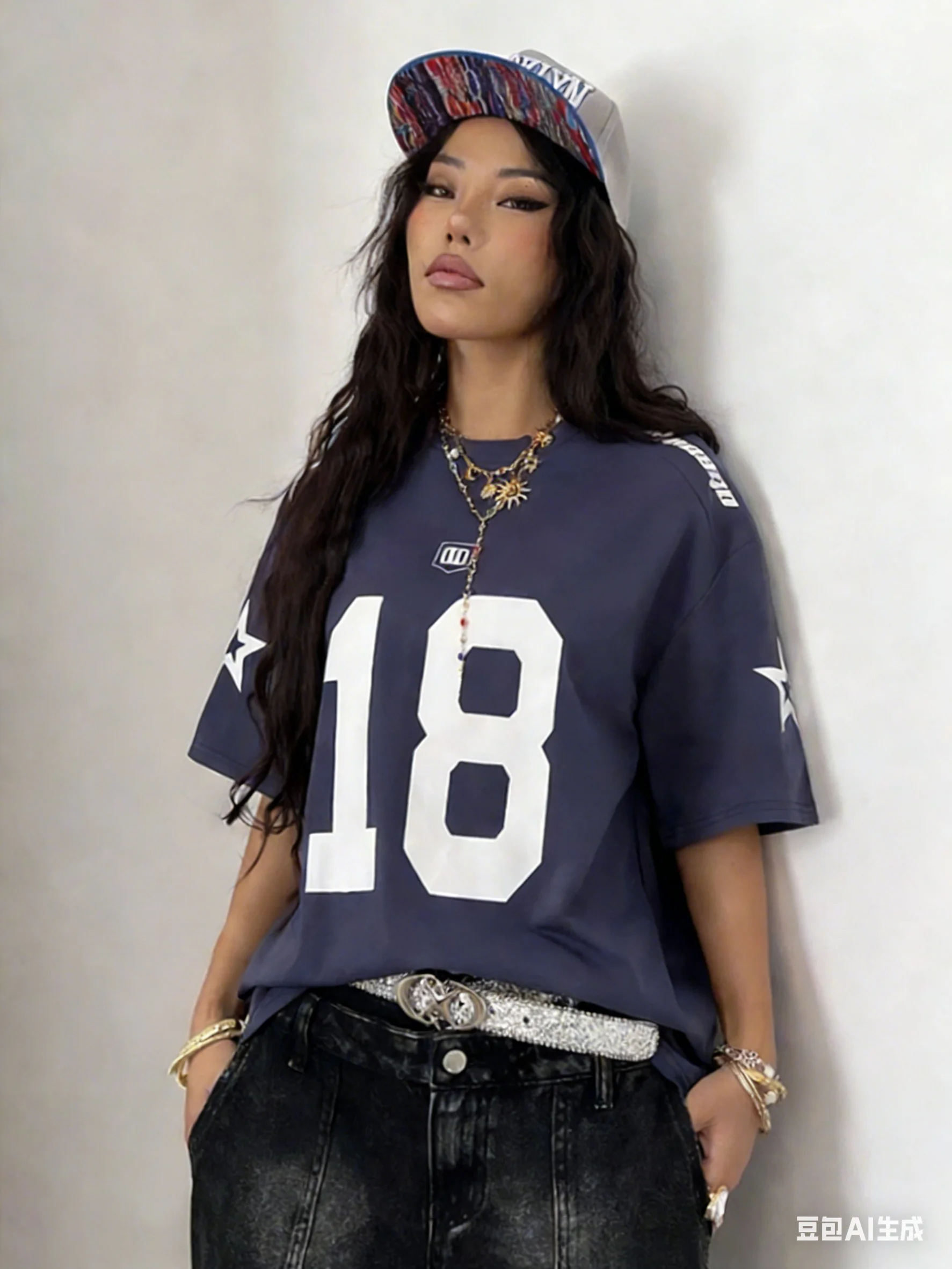 Summer New Retro Blue Chicago 18 Print T-Shirt for Women O-Neck Short Sleeve Sports Football Jersey Y2K Loose Oversized Tops