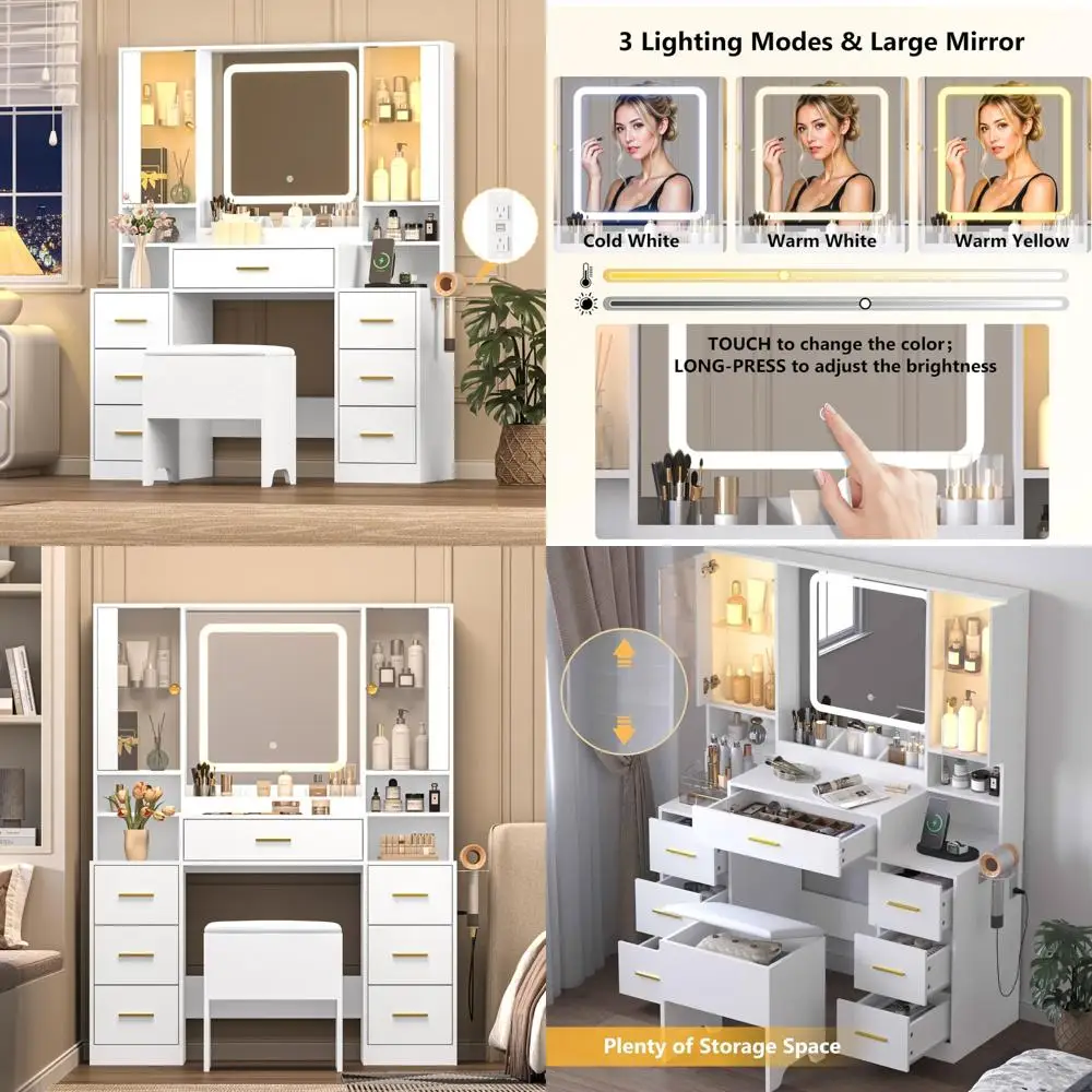 Modern Lighting Vanity Desk with Mirror, 7-Drawer Storage, Charging Station, Glass Cabinet, and Shelves