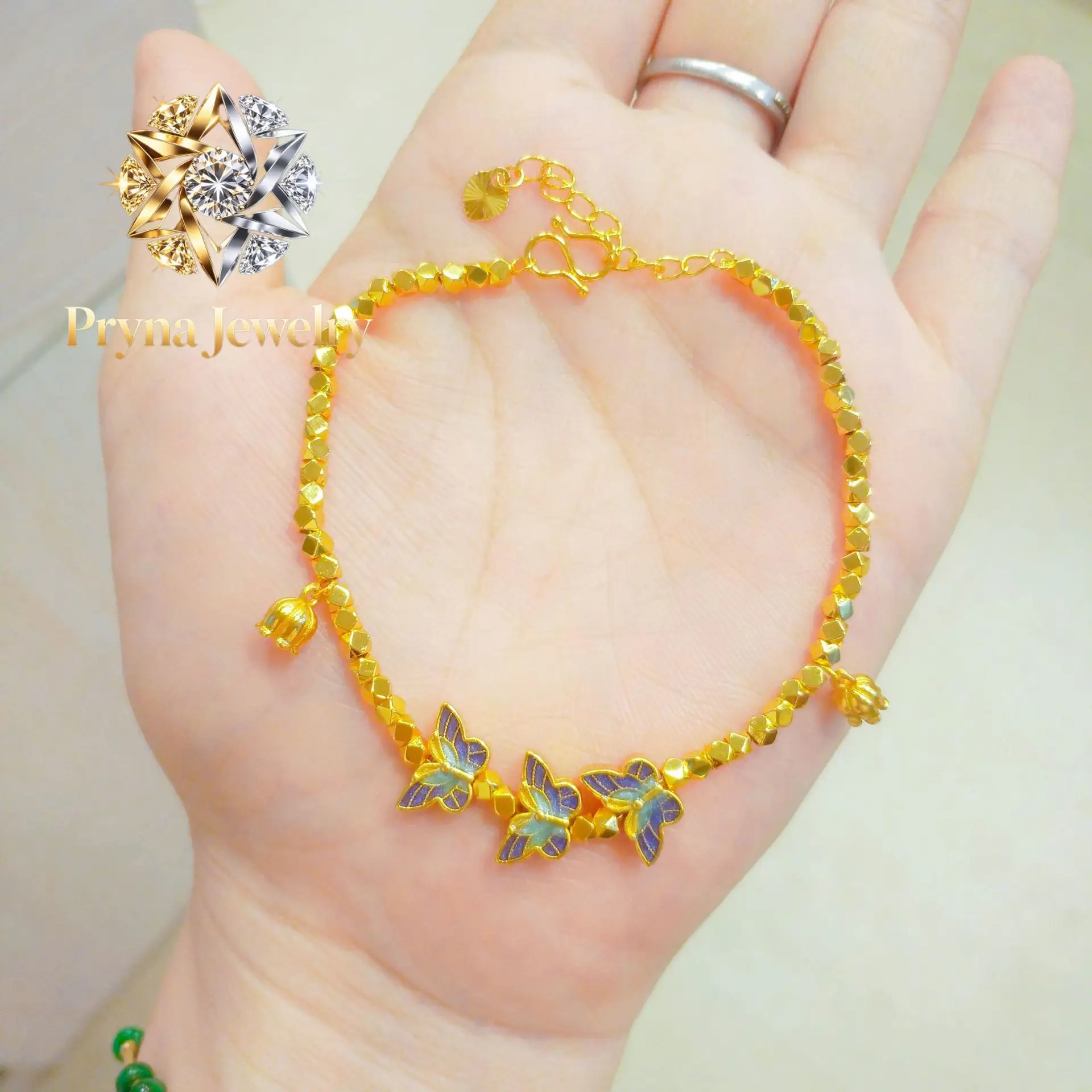 Pryna Jewelry   24K enamel craft flying flower butterfly blue bracelet new 9999 silver two bracelet women's versatile hand jewel