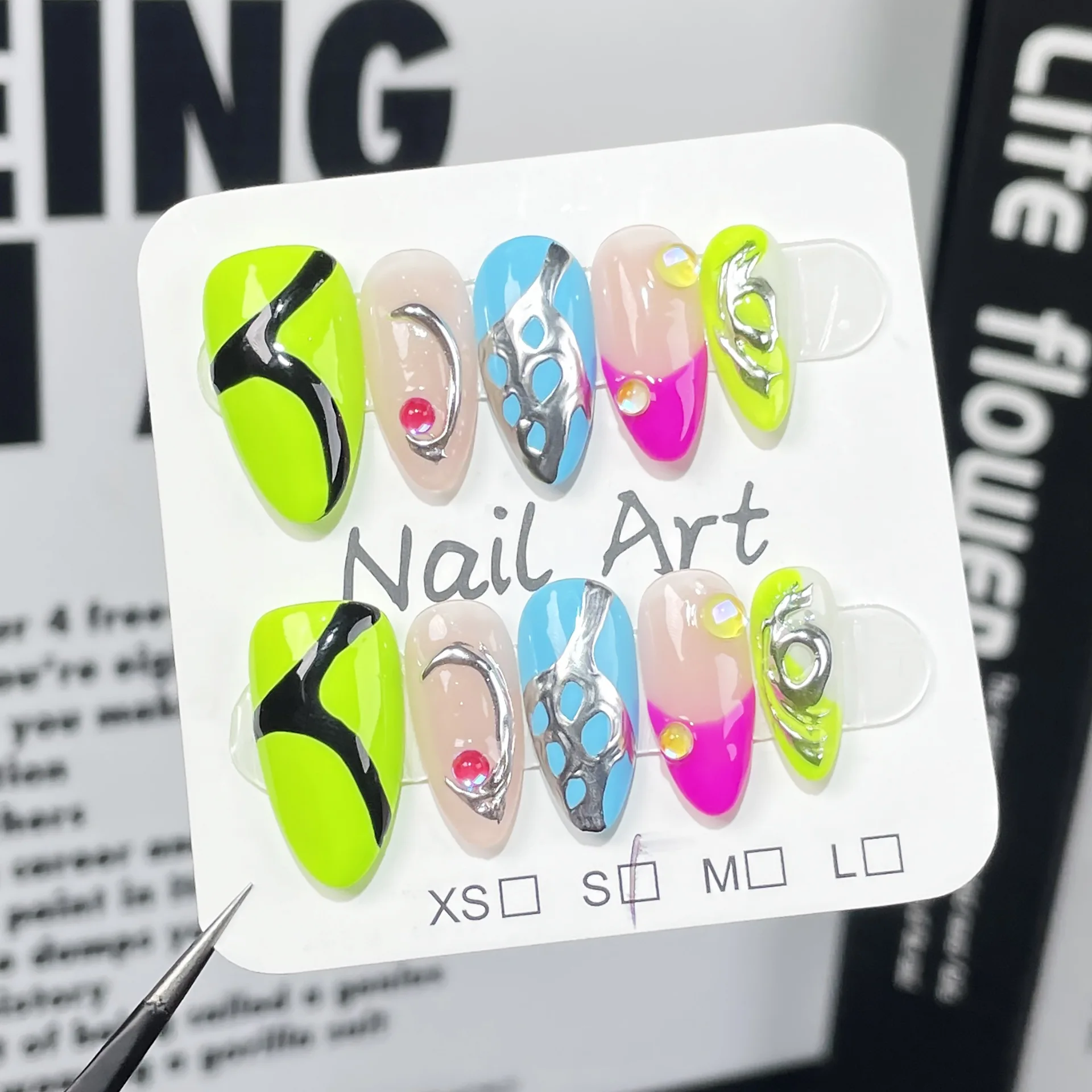 

10pcs Handmade Almond False Nails Long Press On Acrylic Nails Cool Y2k False Nails with Stripes Design Rose French Tip Wearable