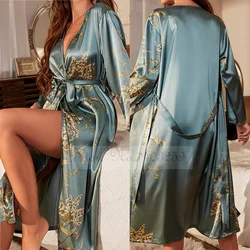 Print Cherry Floral Kimono Bathrobe Gown Female Long Robe Sleepwear Spring Summer Loose Satin Nightdress Lingerie Home Wear