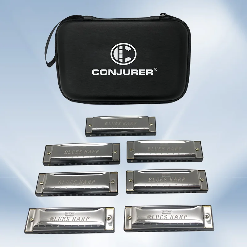 CONJURER Blues Harmonica Set of 7 Key, 10 Hole Diatonic Harmonica Set for Kids Beginners Mouth Organ Metal Blues Harp with Case image 3