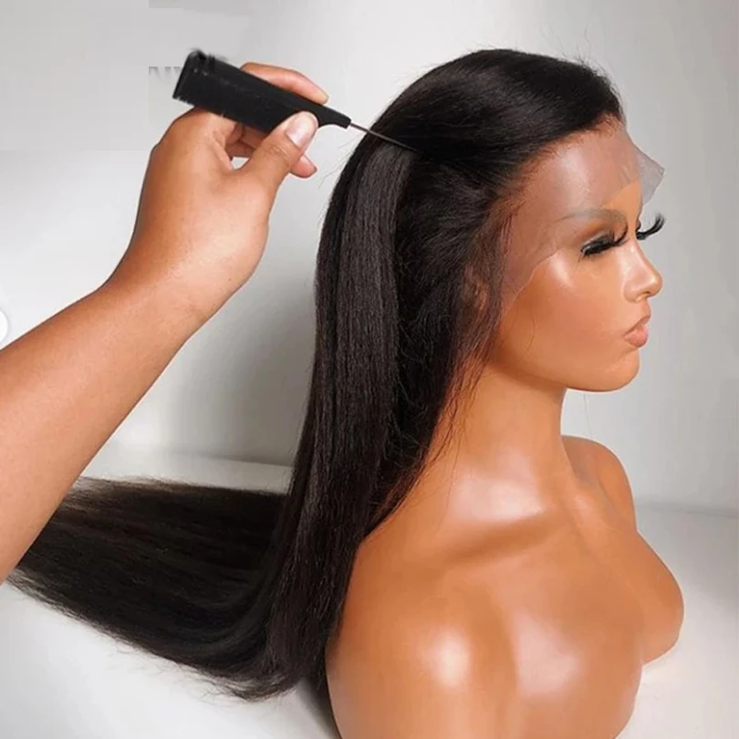 

26 дюймов, 180 плотность, мягкий натуральный яки, длинный черный, странный, прямой, предварительно сорванный, бесклеевой, синтетический парик спереди, детские волосы, средняя часть