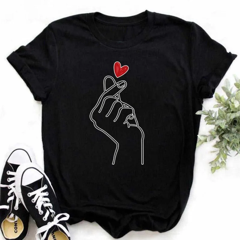 Maycaur love Heart cute T Shirt Women Tops Korean Ulzzang Tees Fashion Women's T Shirts 90s Girls Black summer tShirt for girl