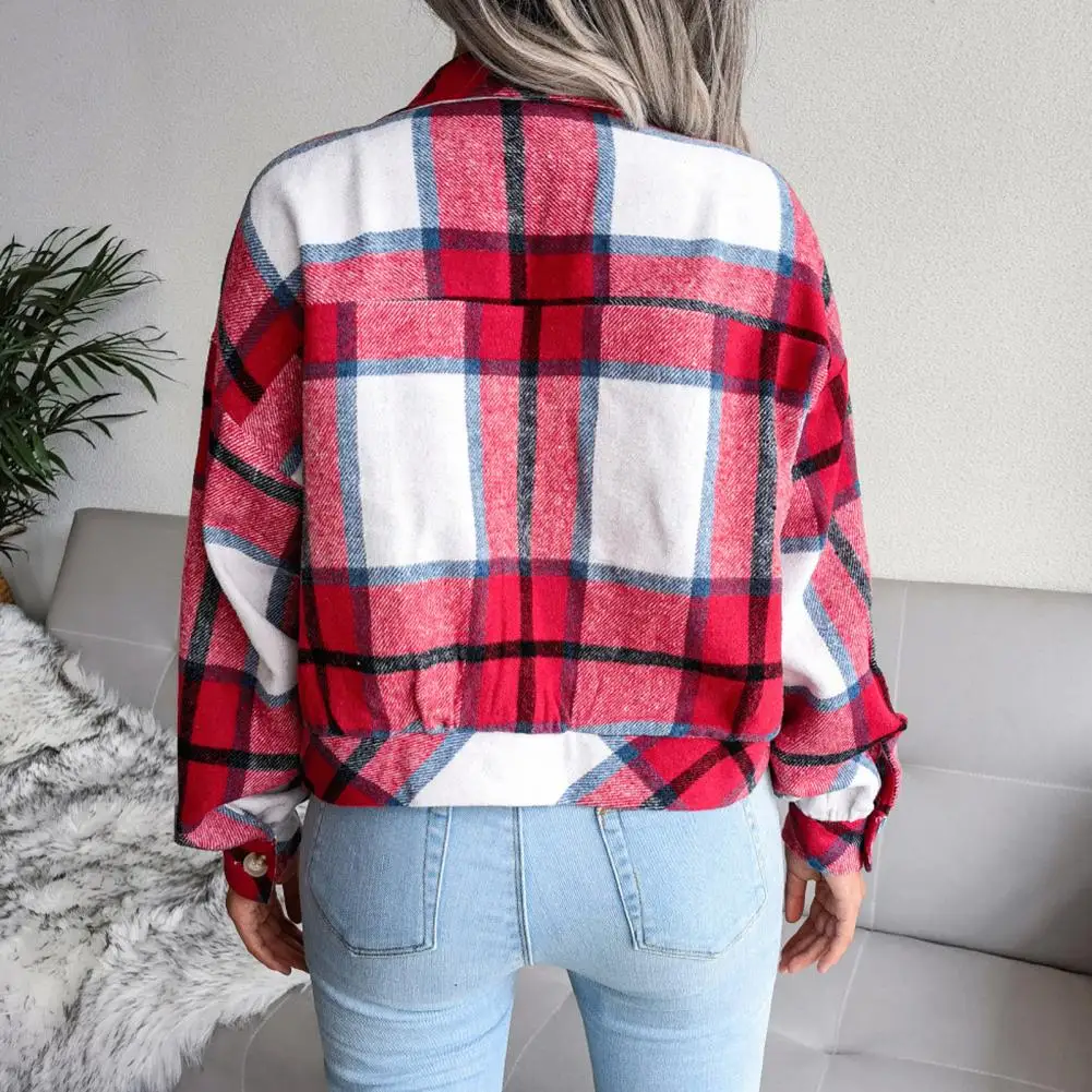 

Lapel Jacket Plaid Print Women's Jacket with Turn-down Collar Fake Pocket Stylish Fall Spring Coat for Commuting Dating Short