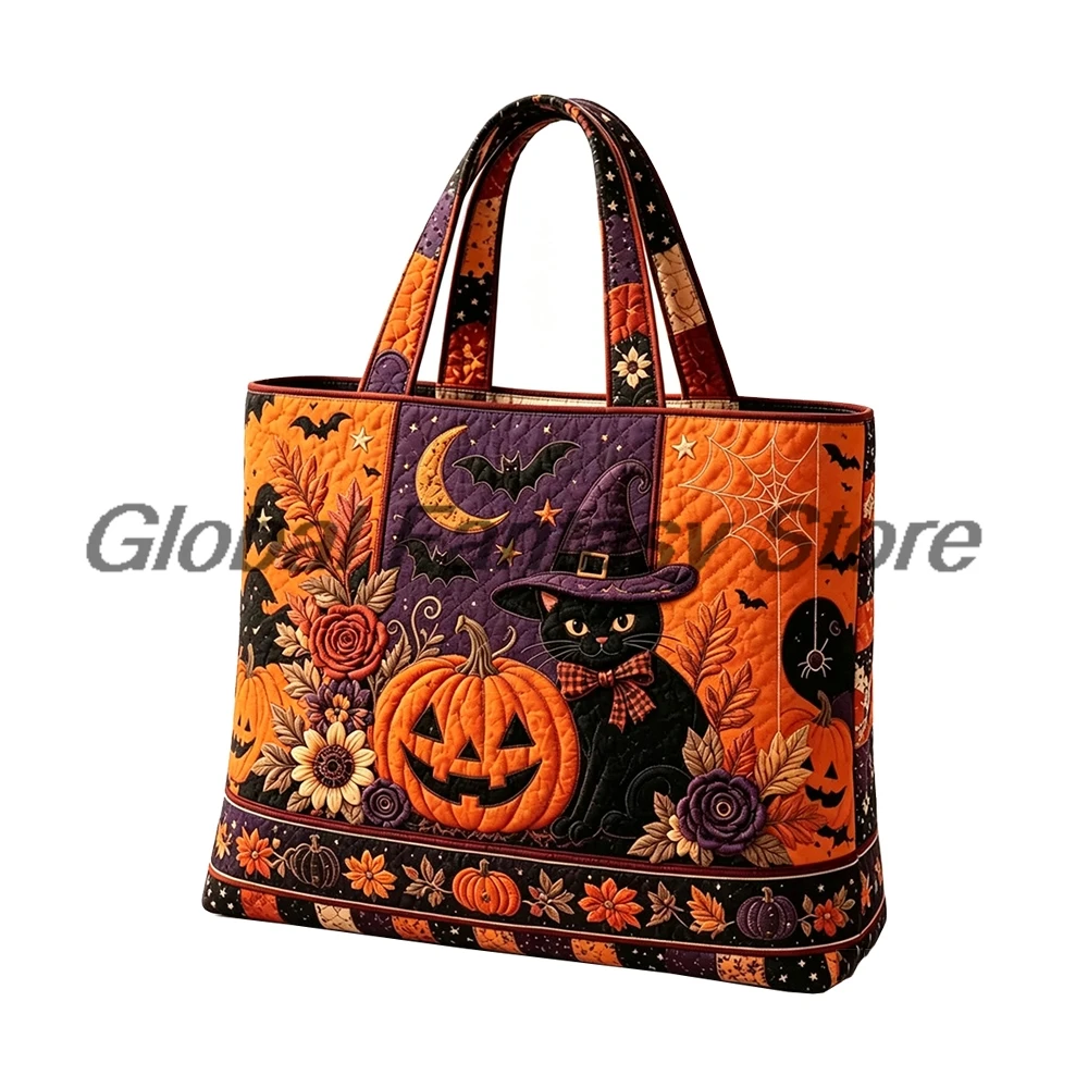 Halloween Witch Black Cat Pumpkin Quilted Tote Bag Bat Moon Fall Floral Print Shoulder Bags Women Daily Shopping HandBag