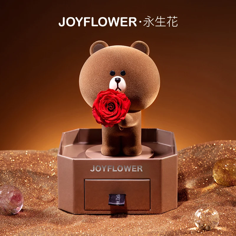 Joyflower Brown Bear&Connie Rabbit Eternal Flower Roses Linefriends Birthday New Year'S Gift Valentine'S Day For Beloved Girls