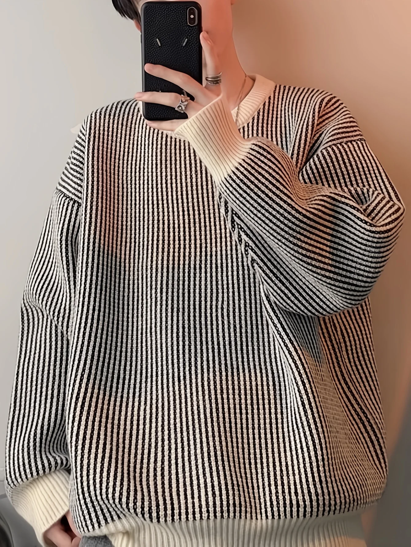 LVLAEA Pullover lavorato a maglia a righe intrecciate autunno inverno, girocollo a maniche lunghe da uomo, top streetwear allentato casual stile pigro