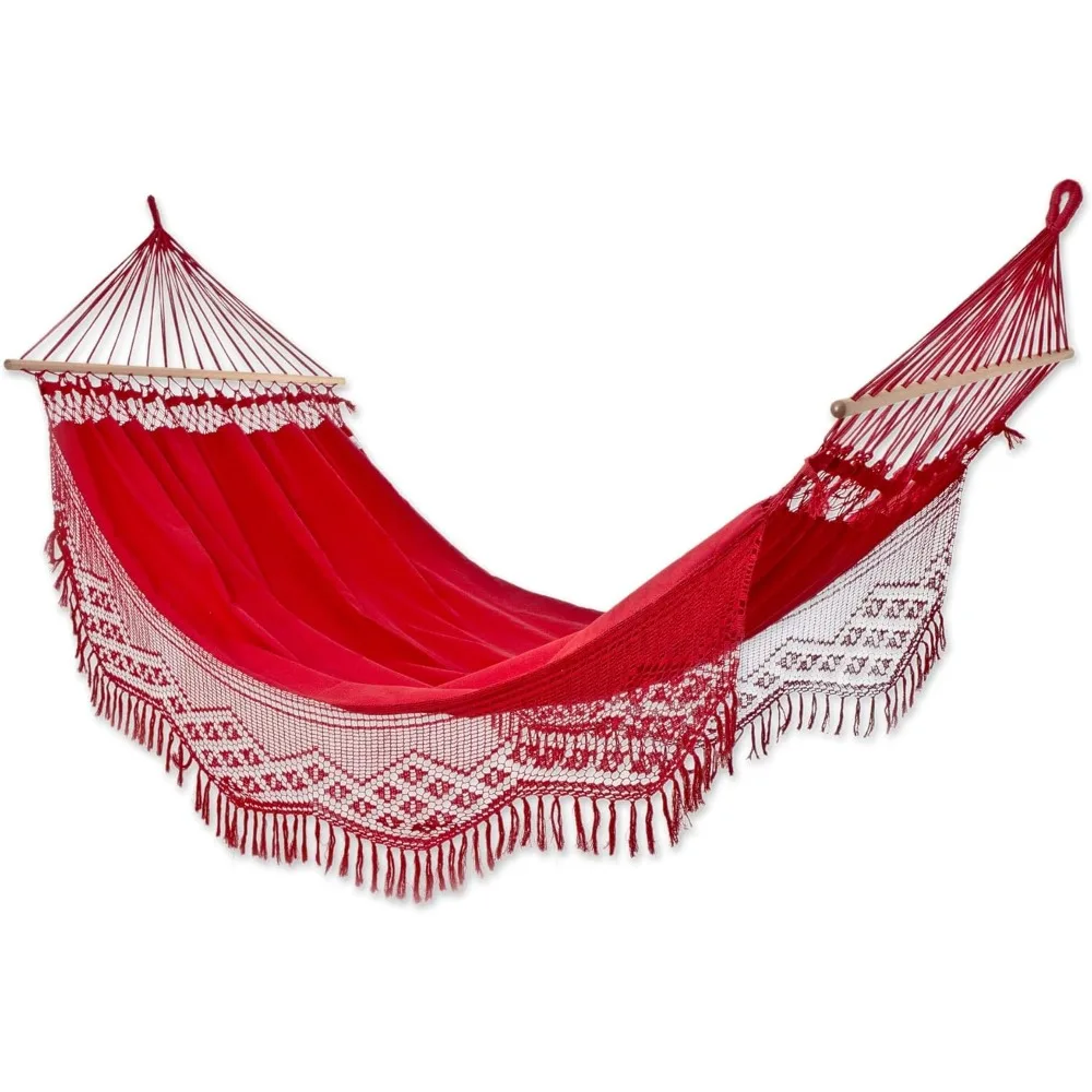 Artisan Handwoven Cotton Hammock with Spreader Bars Red Single Brazil Fabric Solid Backyard Barbeque