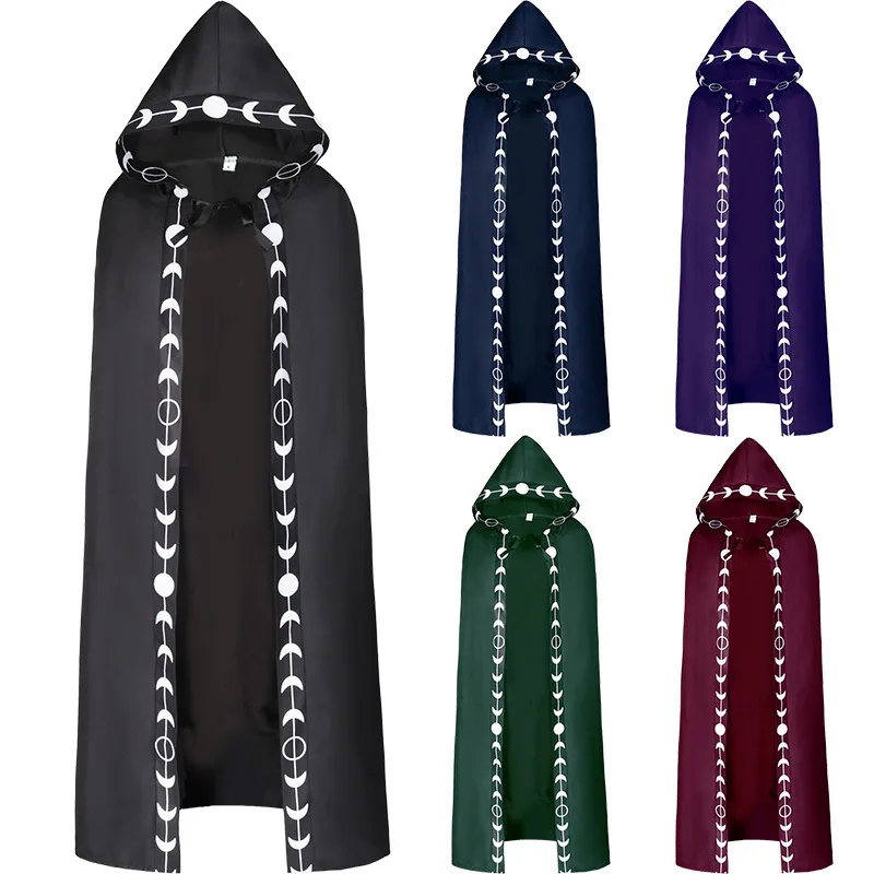 Ponchos y capas con estampado de fases de la Luna para hombre y mujer, capa con capucha para Halloween, festivales medievales renacentistas, Unisex