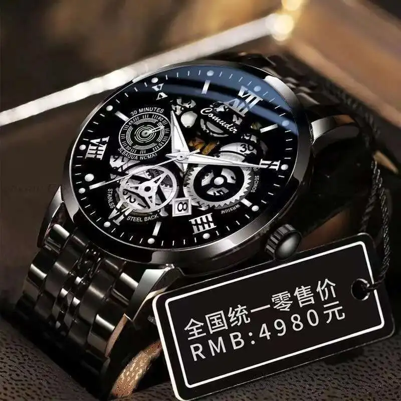 Fashionable hollowed out men's quartz watches waterproof stainless steel strap date night light top-level quartz watch for men