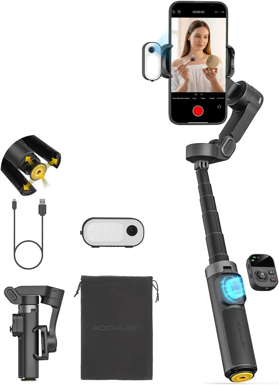

3-Axis Phone Gimbal with AI Tracking, Fill Light, Magnetic Remote & Extension Rod for Smooth Video