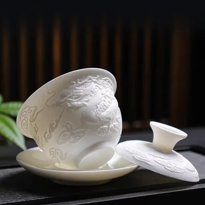 الخزف الأبيض طقم شاي الكونغ فو الأبيض اليشم الإغاثة تورين السيراميك هدية الأعمال بسيطة المحمولة التنين وفينيكس أكواب Gaiwan #3
