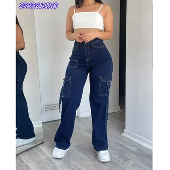 Pantaloni da donna casual a gamba dritta a vita alta Pantaloni quotidiani multitasche Pantaloni lunghi skinny a matita Design Salopette jeans streetwear