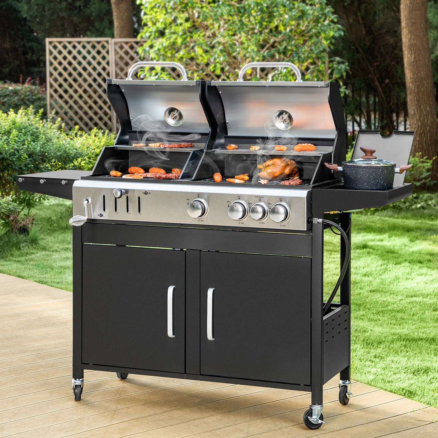 

Gas BBQ Grill with Side Burner Gas Charcoal Combo Outdoor Cooking Grill 4-Burner