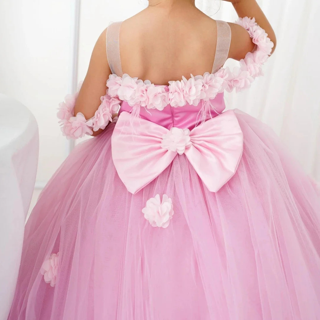Vestido floral rosa personalizado para meninas, flores de tule com laço, sem mangas, para casamento, aniversário, comunhão, banquete, vestido de princesa