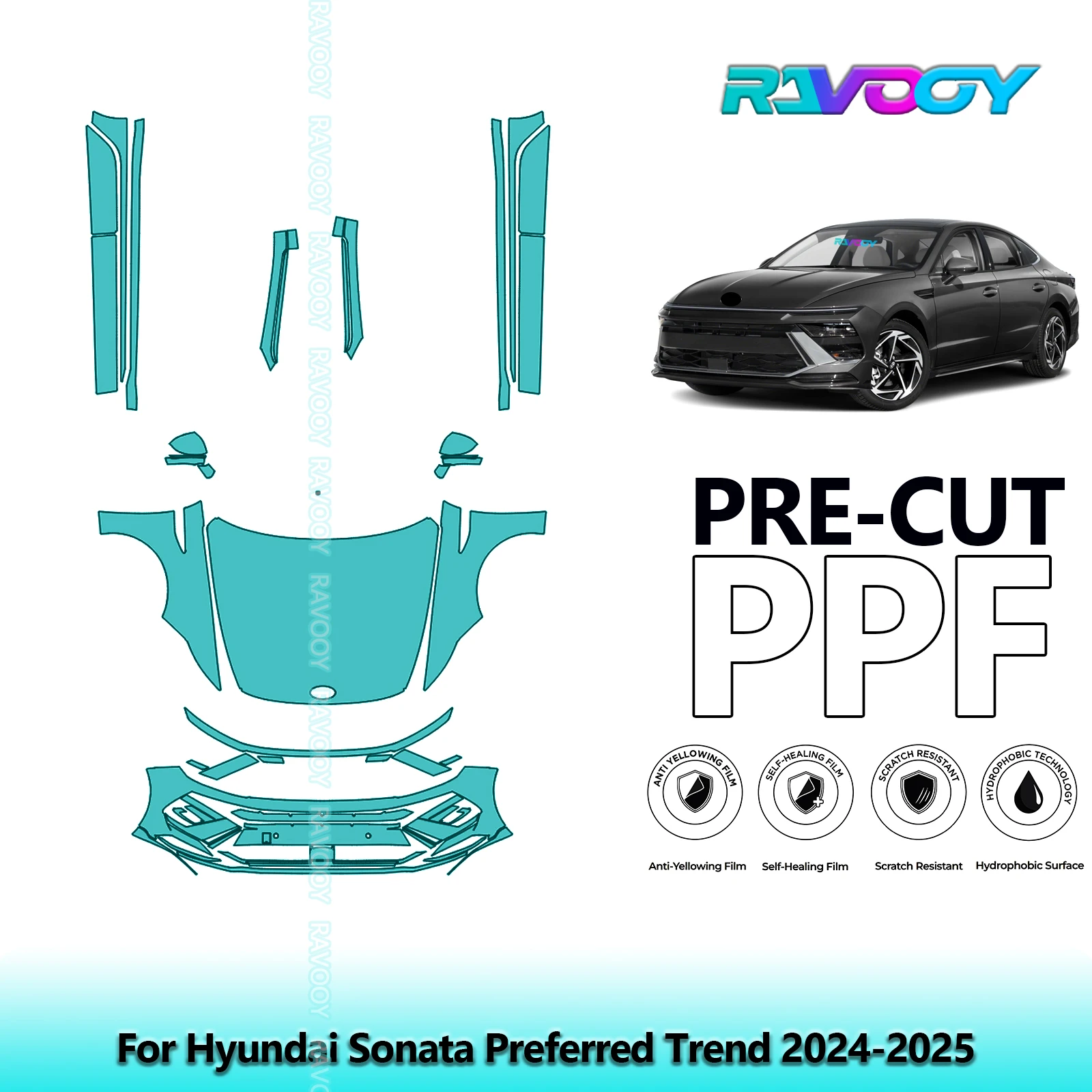 

8,5 мил, предварительно вырезанная защитная пленка для краски, PPF, прозрачный бюстгальтер, передний комплект + брюки для Hyundai Sonata Preferred Trend 2024-2025